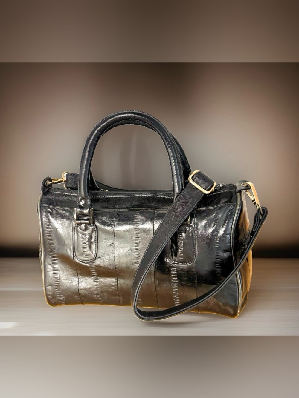 Vintage 1980s era black genuine eel skin leather shoulder /crossbody bag satchel